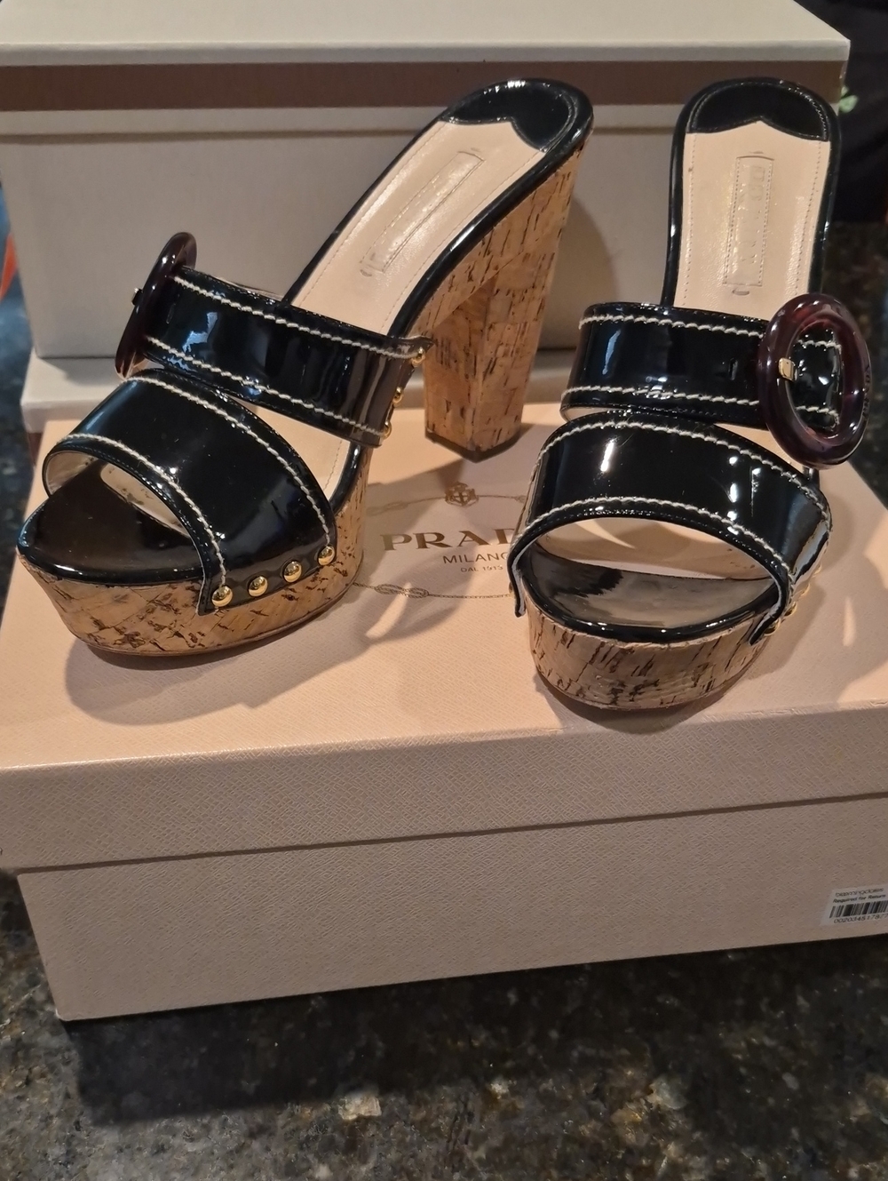 Prada Black Patent Leather Cork Platform Mules